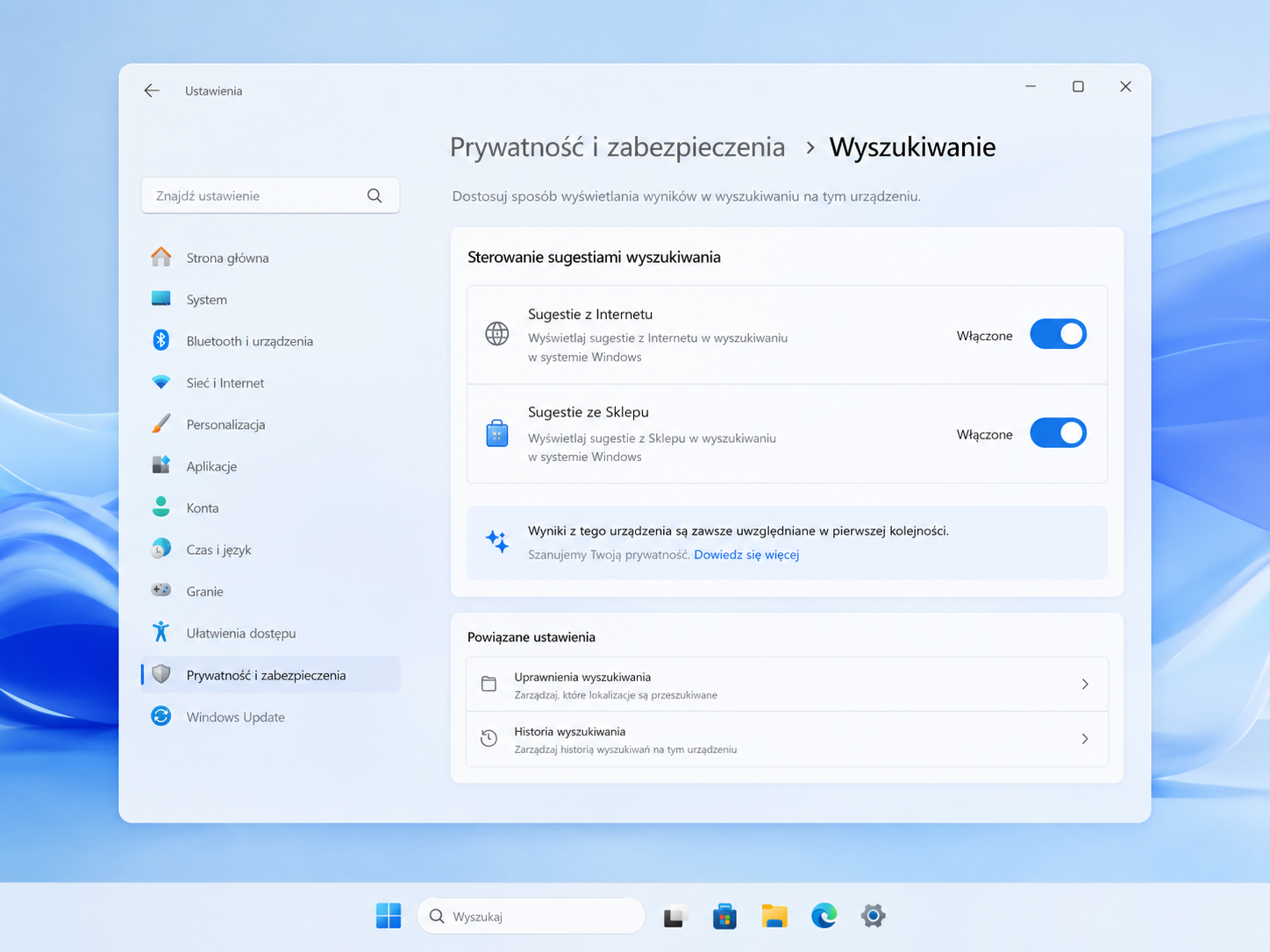 Ustawienia sugestii z internetu i Microsoft Store w Windows 11 Search